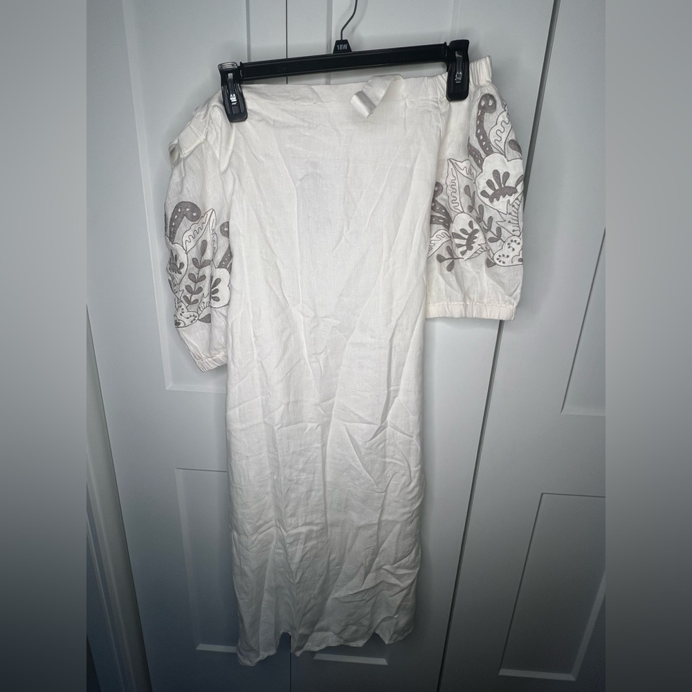 Chico's 100% Linen Embroidered Cold Shoulder Alabaster Midi Dress NWT 3 XL - Picture 4 of 7